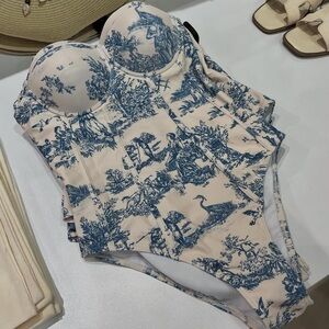 Blue and Cream Toile One Piece Swimsuit